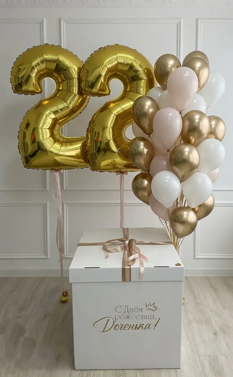 Воздушный шар - Коробка с цифрами ( золото/пыльная роза)