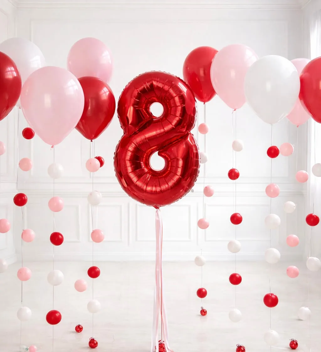 Оформление ко Дню 8 Марта: центральный элемент — блестящий красный шар-цифра „8“, вокруг — воздушные шары розовых, красных и белых цветов, дополнено вертикальными гирляндами из мини-шариков