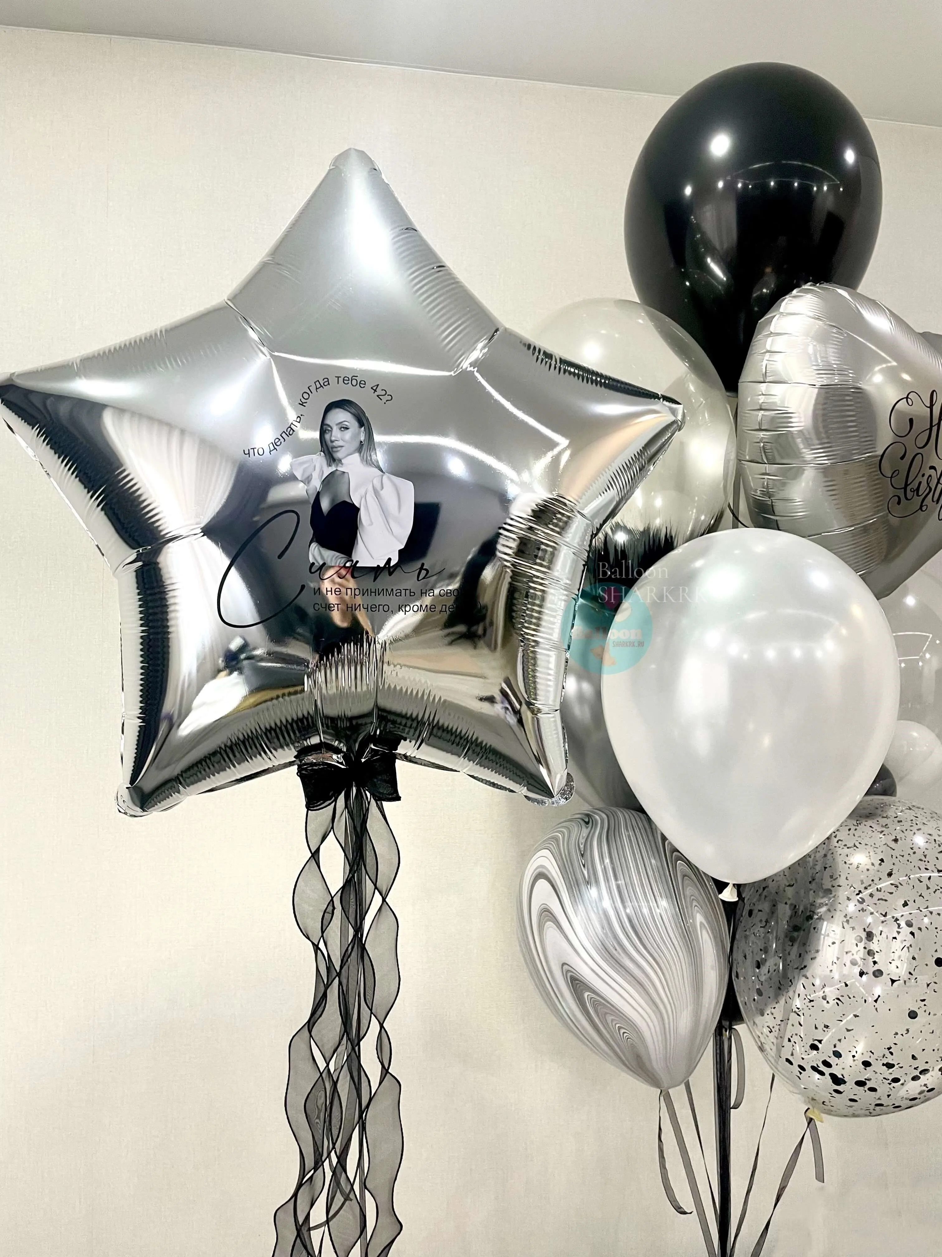 Композиция из шаров: звезда, хром, чёрный, серебро