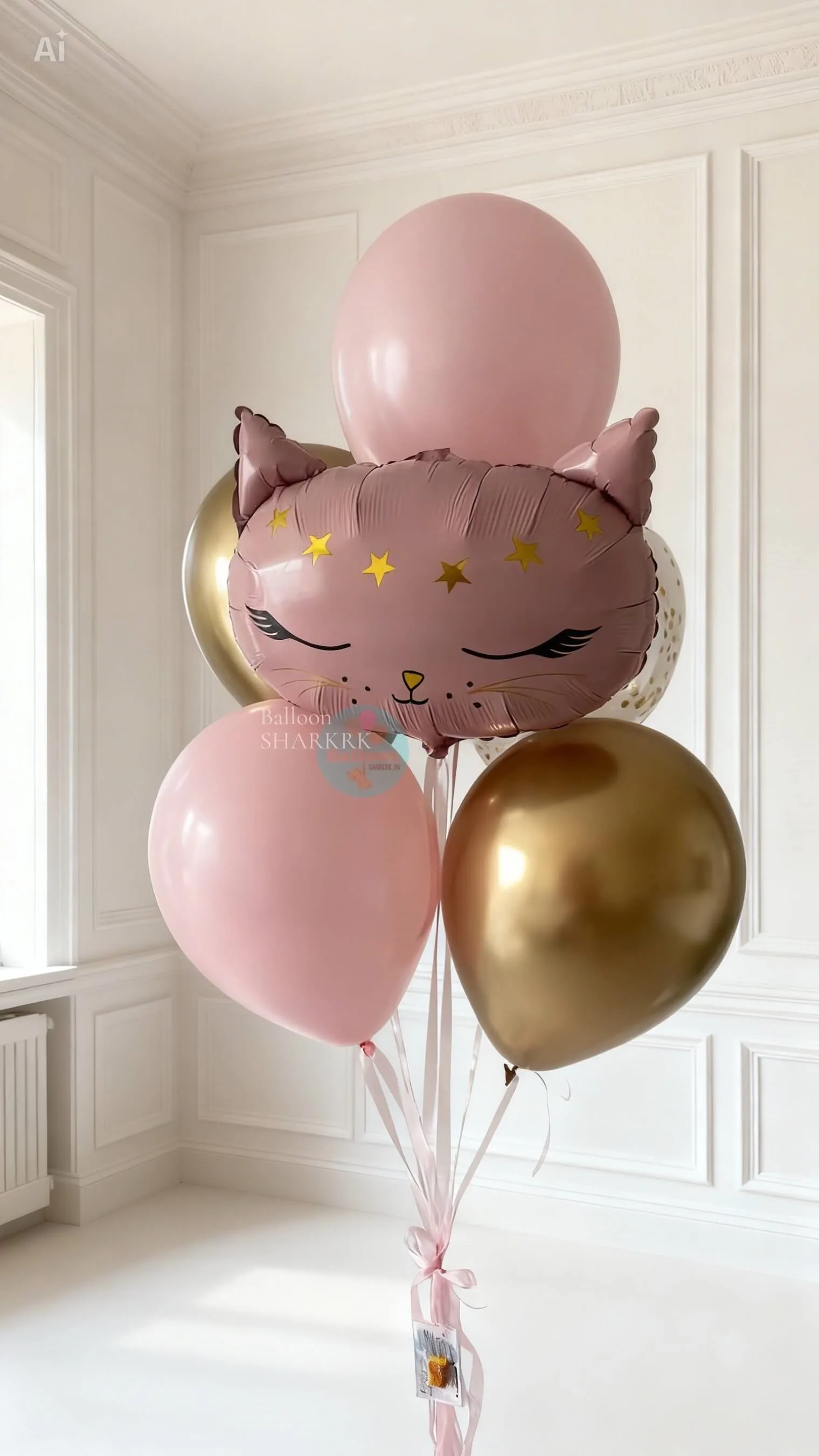 Букет шаров: мордочка кошки, золото, розовый