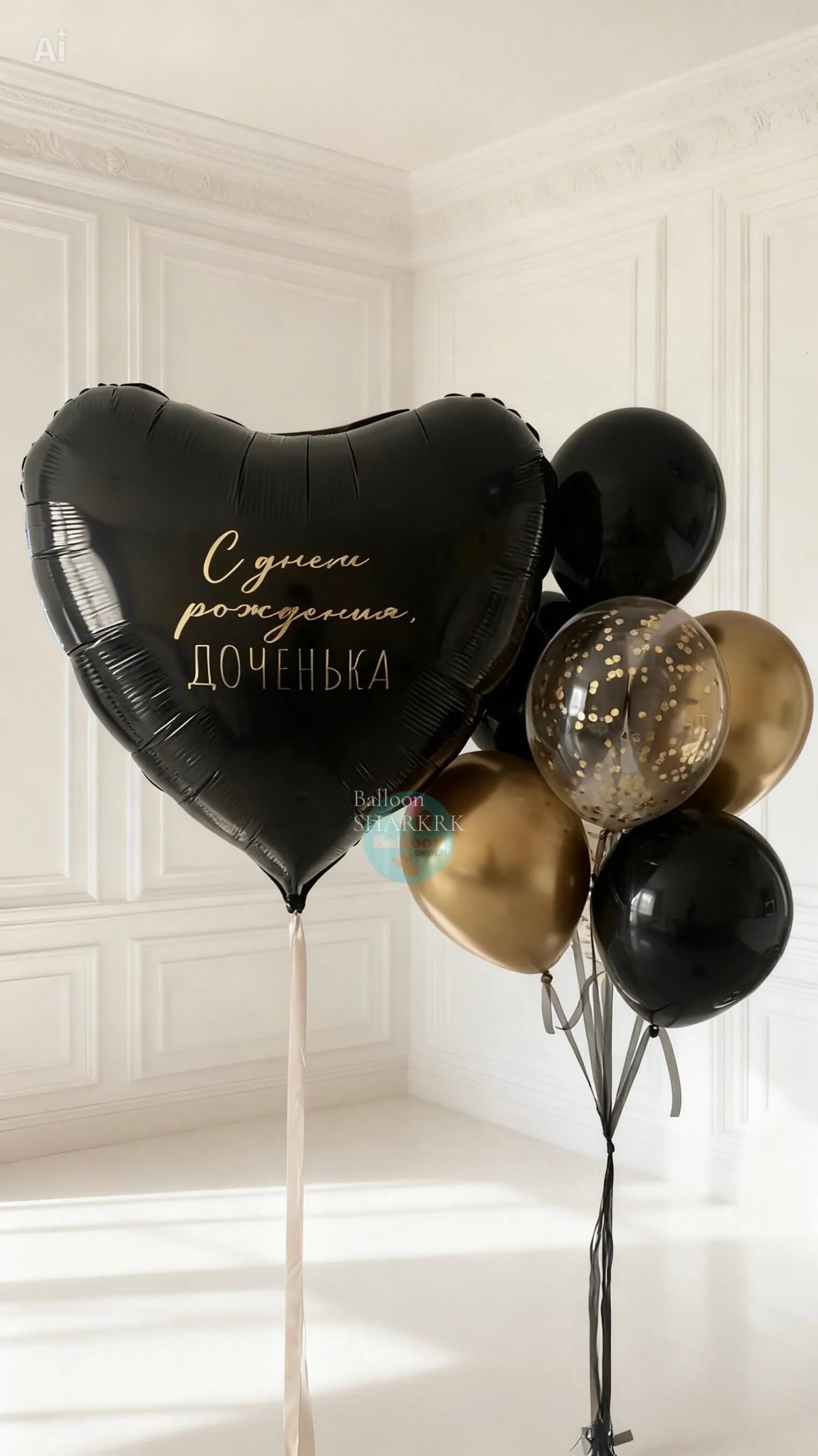 Композиция шаров: сердце, чёрный, золотой, конфетти