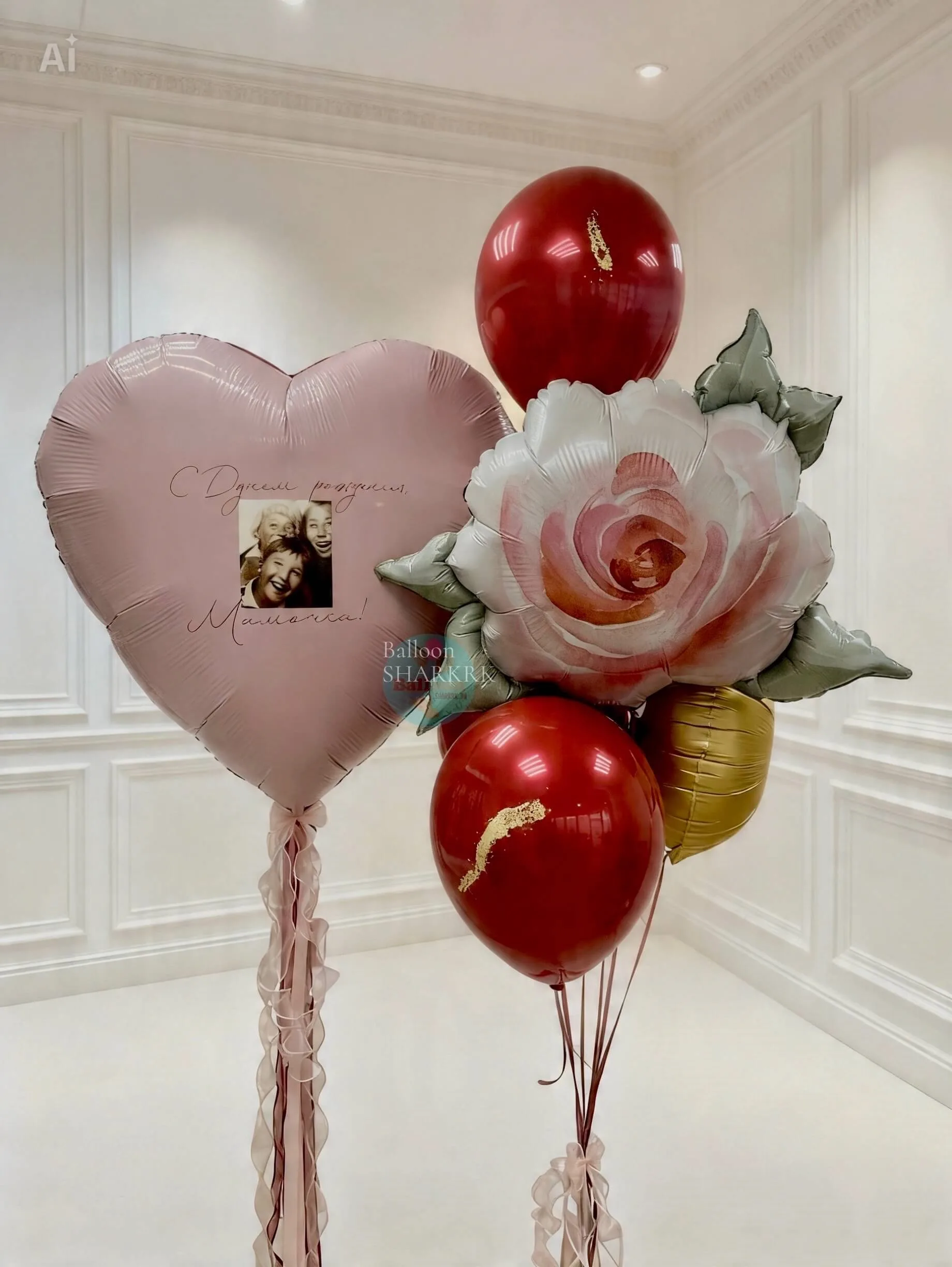 Композиция шаров с сердцем, розой и фото
