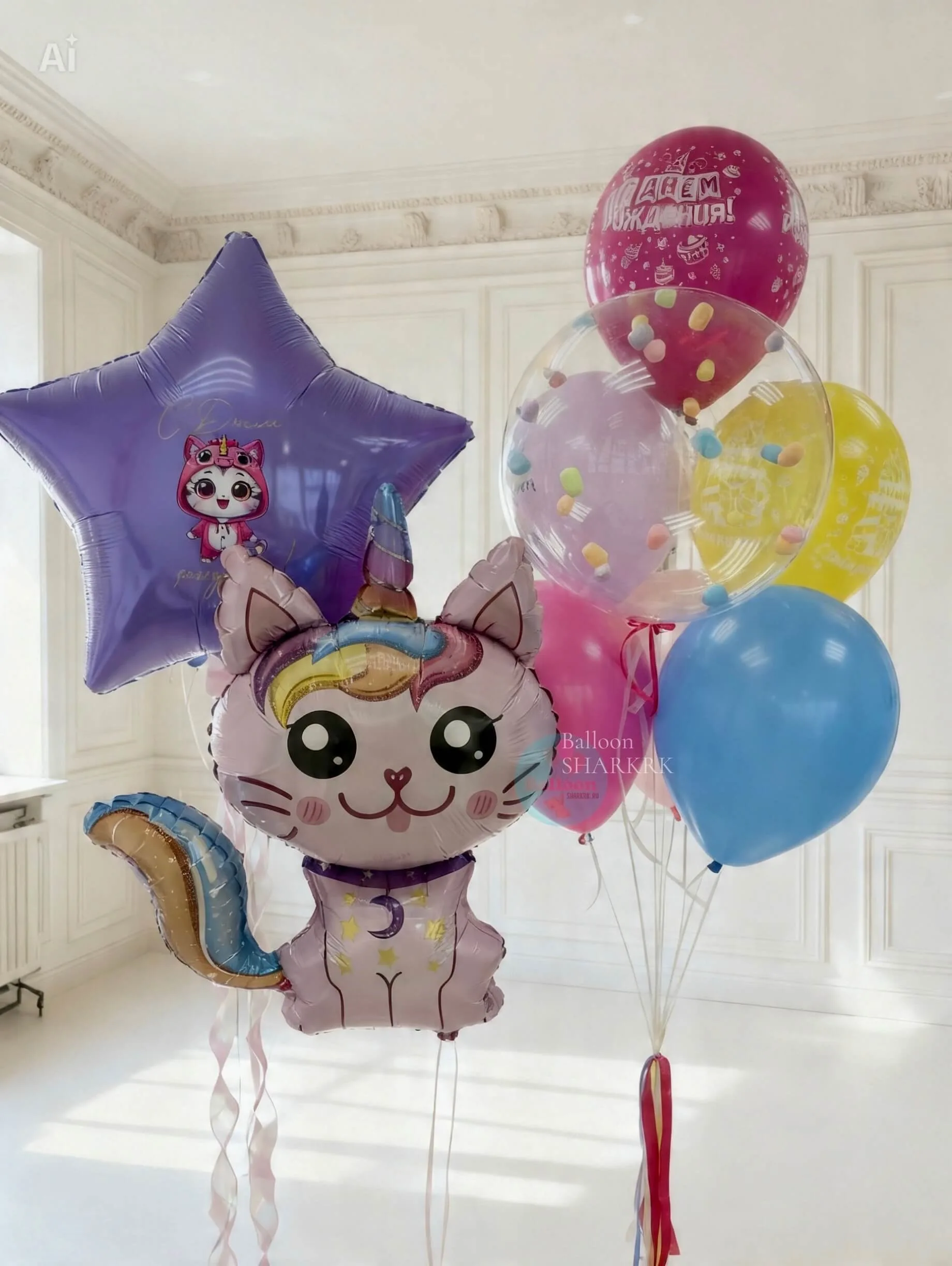 Фиолетовая звезда и котик-единорог — композиция шаров