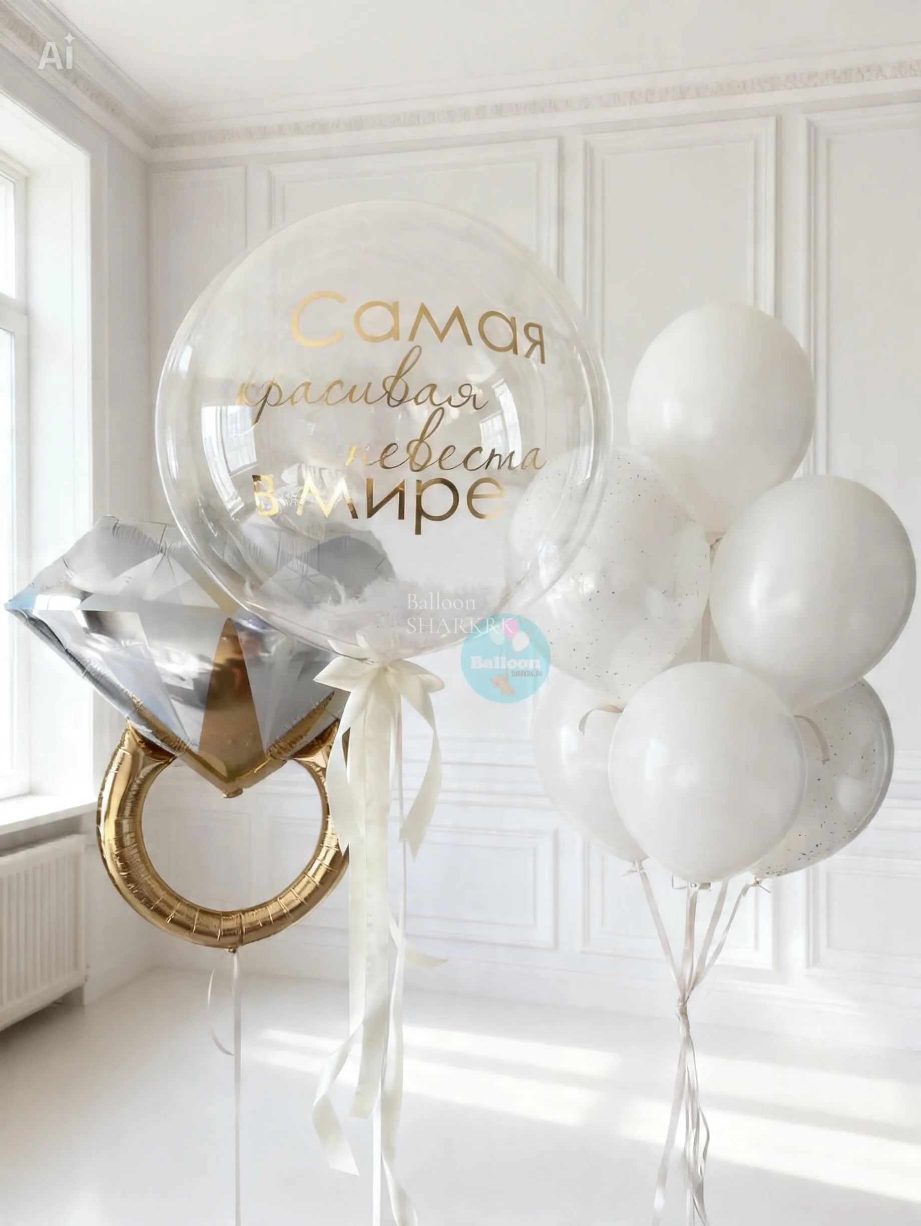 Белые шары, золотое кольцо, бриллиант, надпись „Самая красивая невеста“