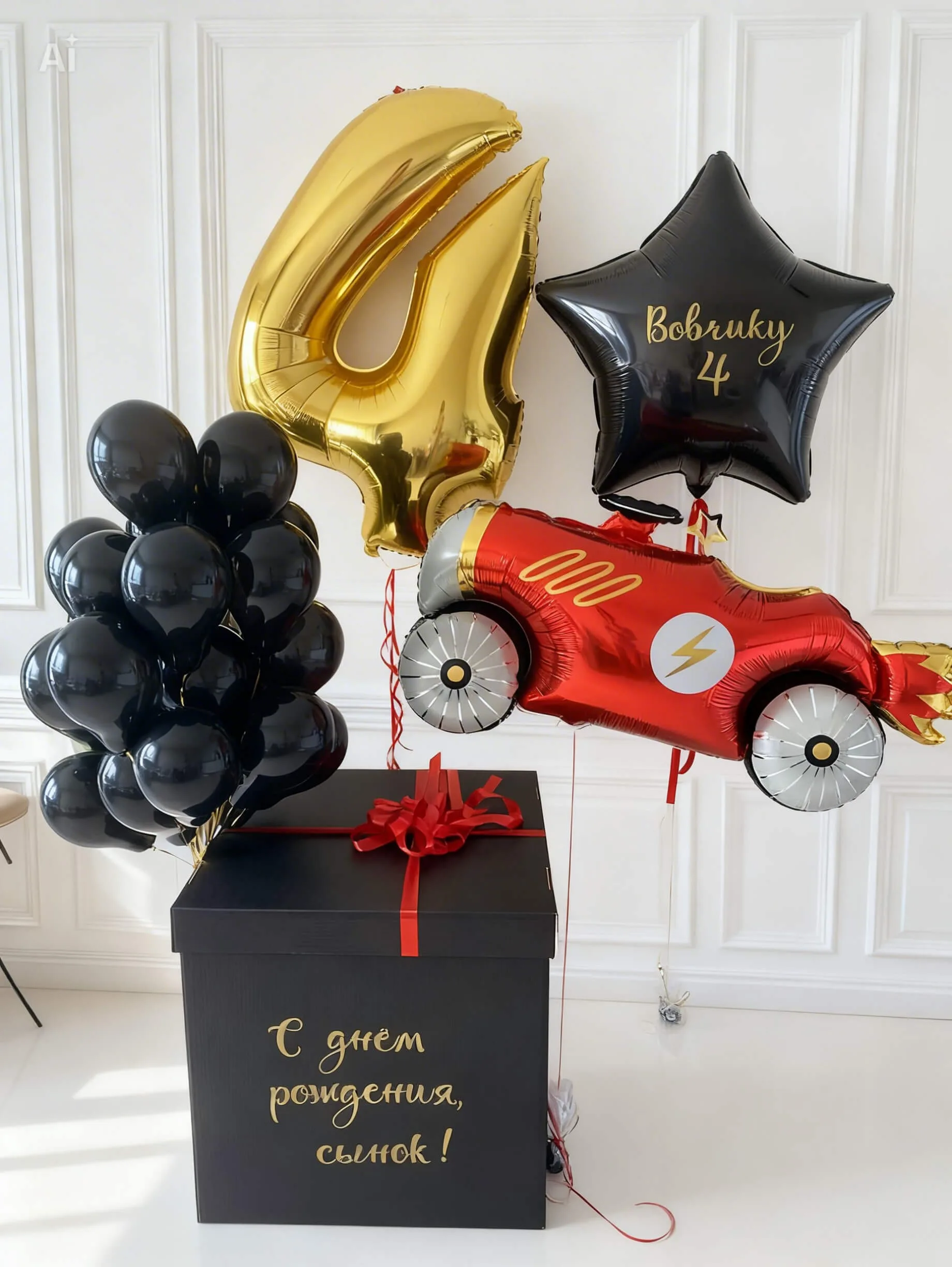 Коробка-сюрприз с шарами, фольгированная машинка, цифра 4, звезда с именем для дня рождения мальчика