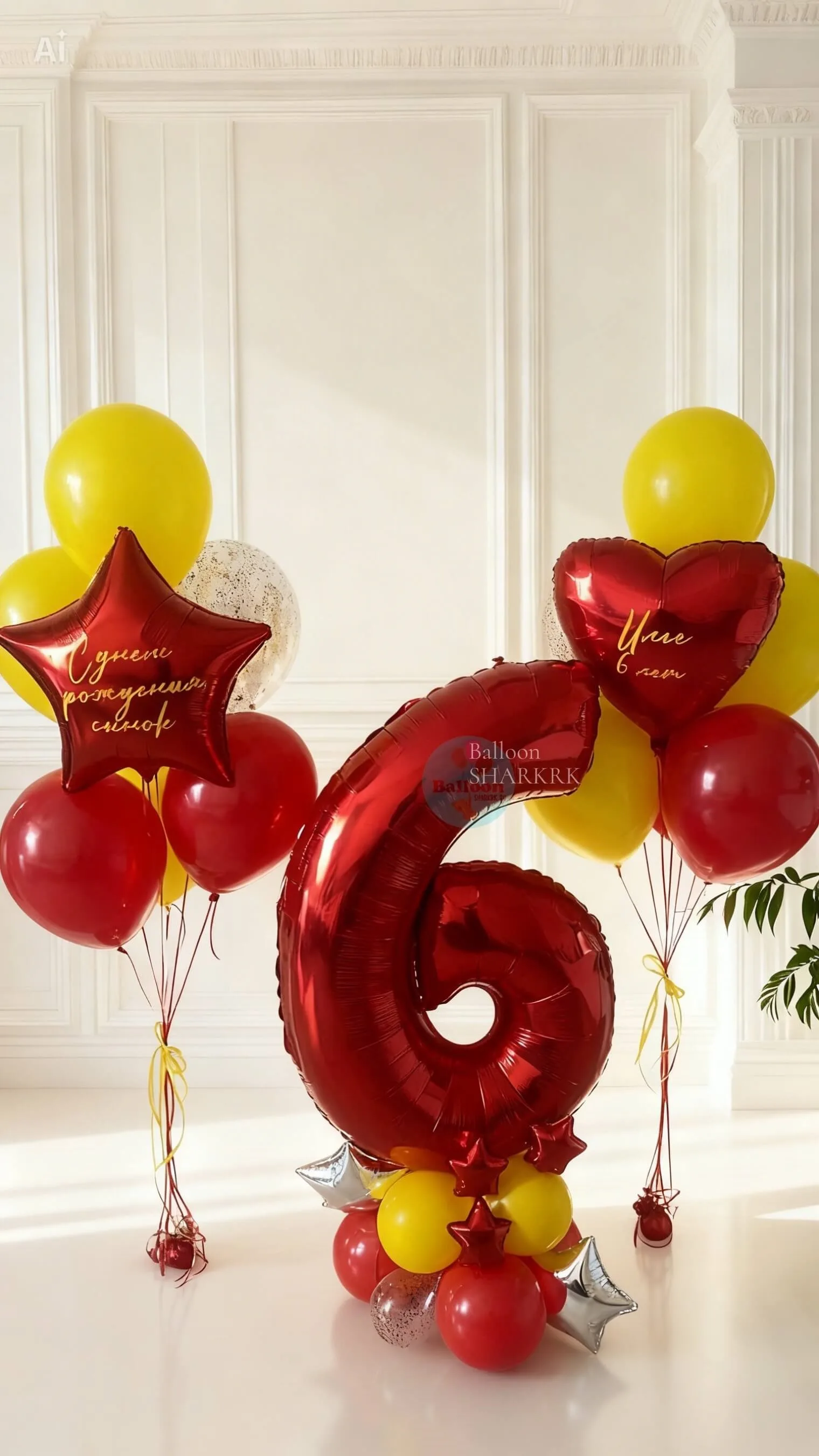 Композиция из шаров к 6-летию: сочетание красного и жёлтого, фольгированные элементы. Добавьте ярких эмоций в праздник!