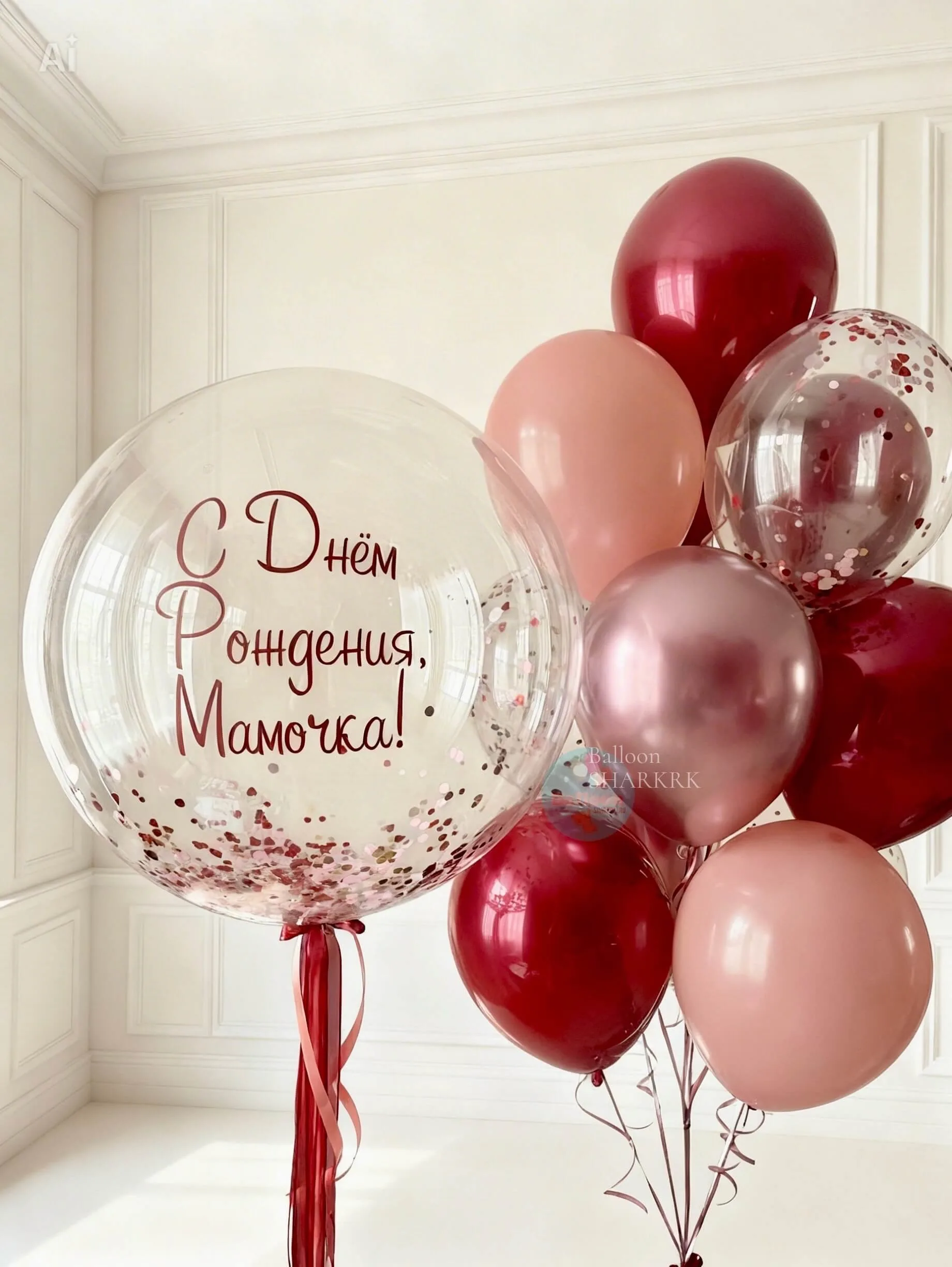 Праздничный букет для мамы: прозрачный шар с надписью, бордовые, розовые и хромированные шары