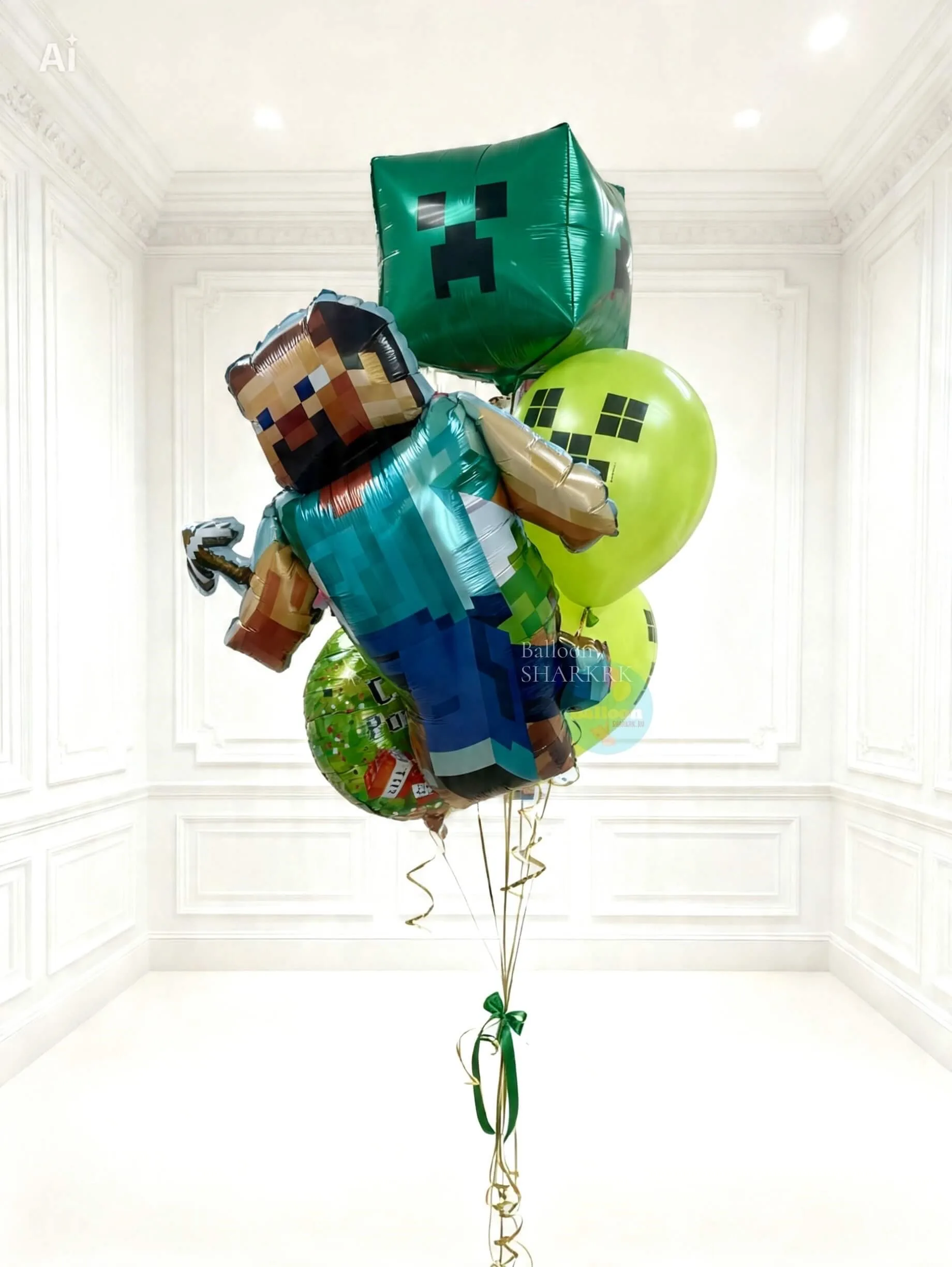 Композиция из шаров с персонажами Minecraft: Стив, зелёные криперы, игровые мотивы