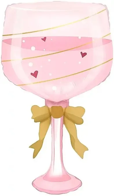 Фольгированный шар-бокал розового цвета с золотым бантом и сердечками