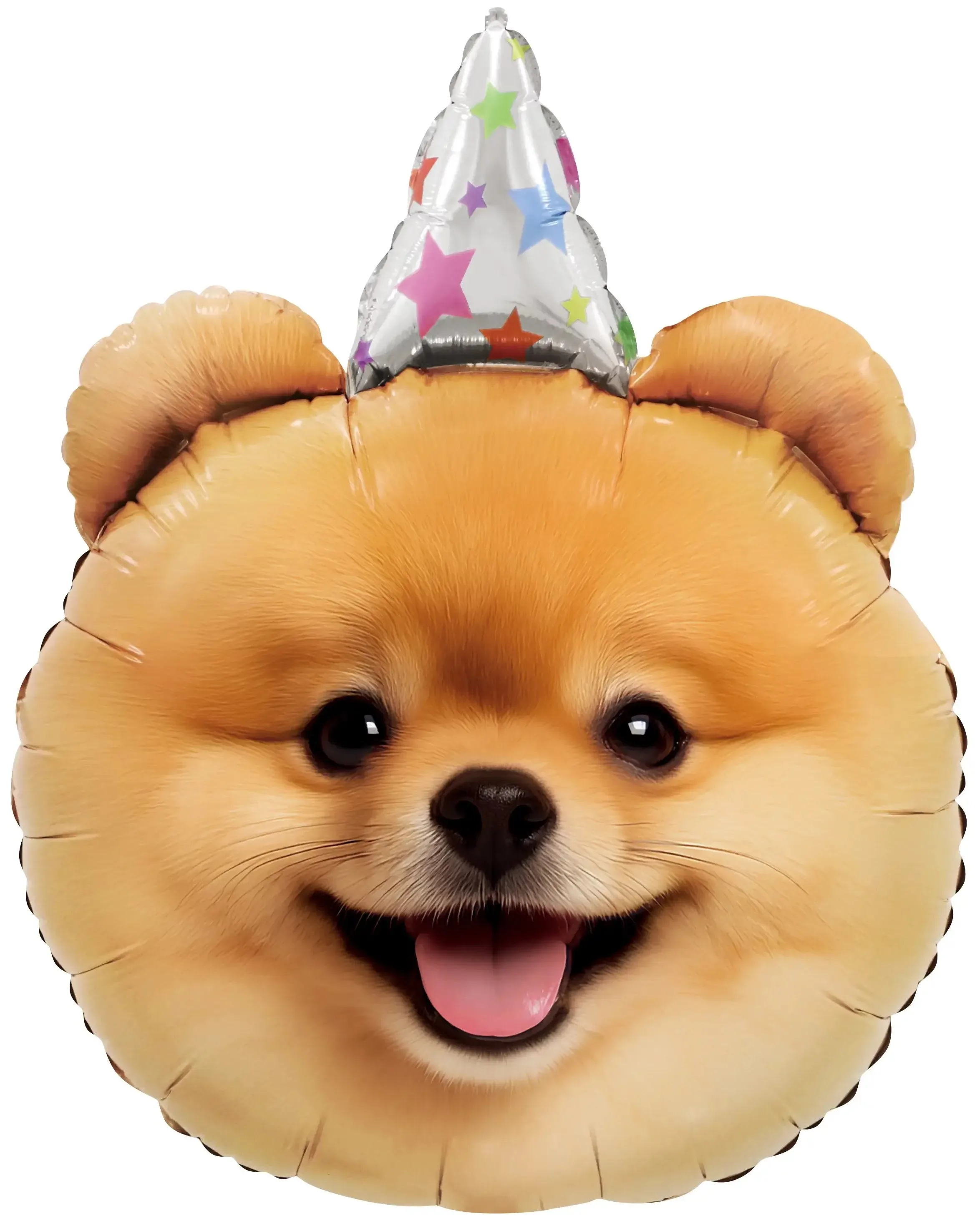 Фольгированный шар с изображением улыбающегося шпица в разноцветном колпачке
