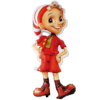Фольгированный шар в виде Буратино в красном костюме с полосатым колпаком