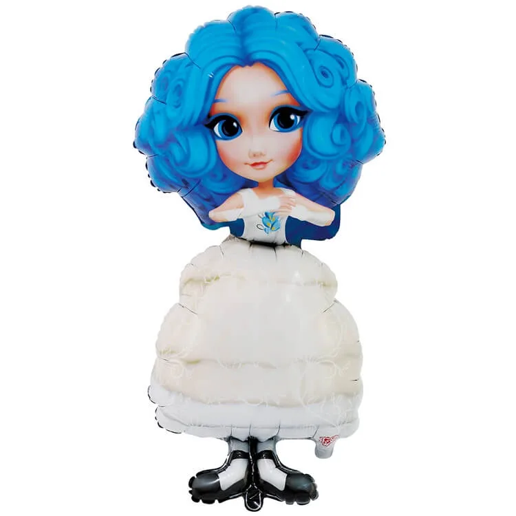 Фольгированный шар с изображением Мальвины: голубые кудри, белое платье, чёрные туфельки