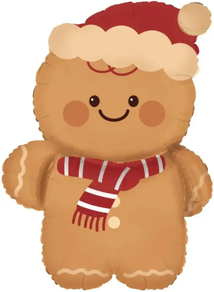 Пряничный человечек с румяными щёчками, в шапке и полосатом шарфе, улыбается