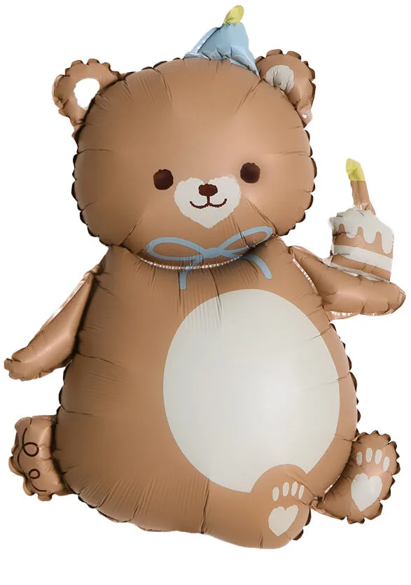 Декоративный фольгированный шар: коричневый медвежонок с тортом, голубой бантик
