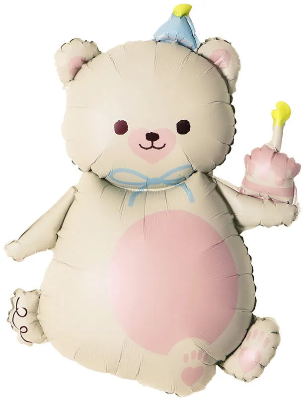 Фольгированный шар: мишка в голубой шапочке, держит розовый кекс с жёлтой свечой