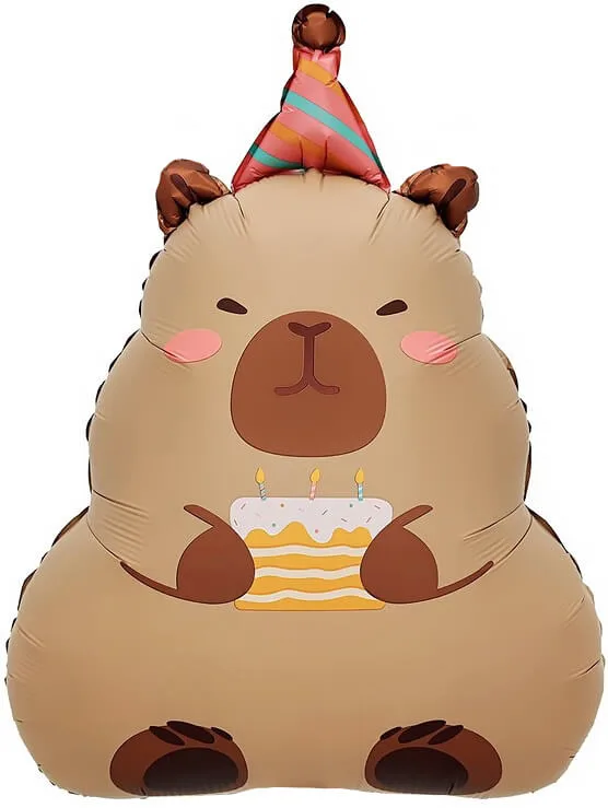 Декоративный фольгированный шар: капибара, торт с кремом, праздничный колпак