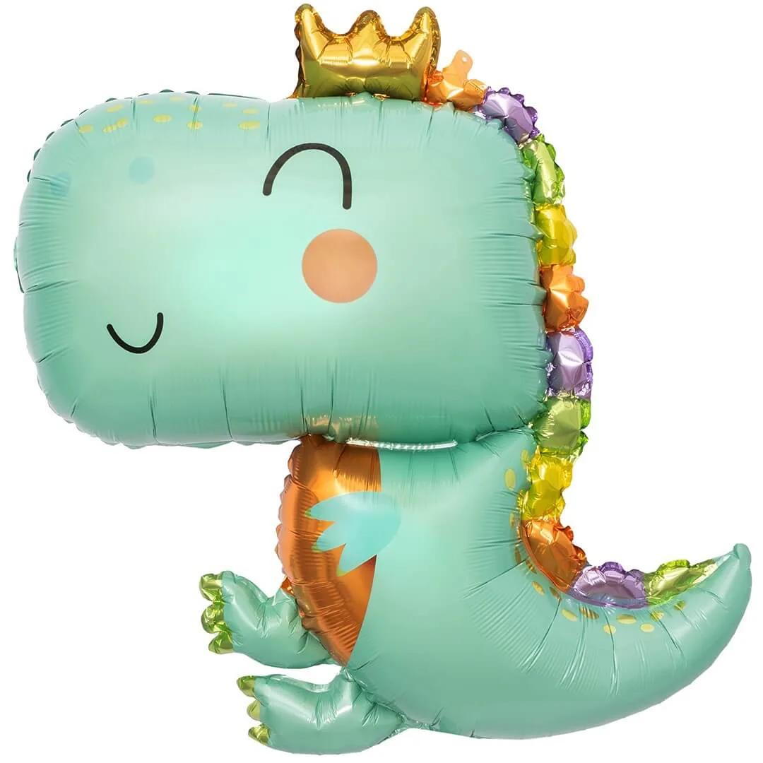 Фольгированный шар: улыбающийся динозавр с золотой короной, разноцветные шипы на спине
