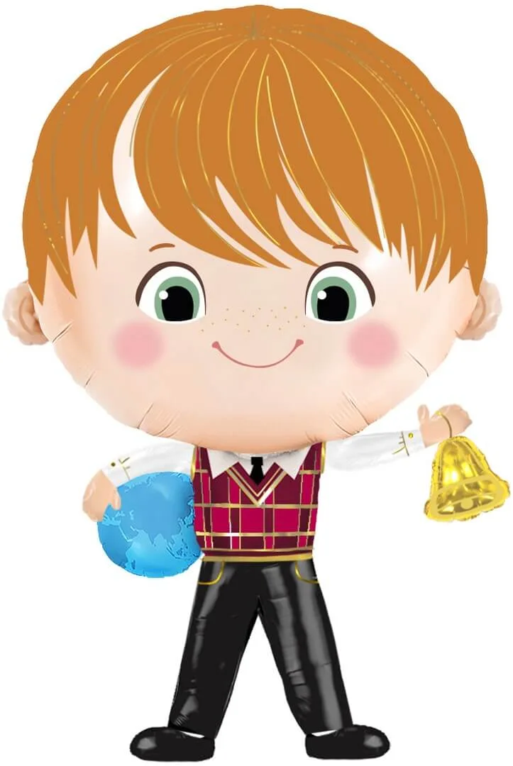 Фольгированный мальчик-школьник, глобус в одной руке, золотой колокольчик в другой