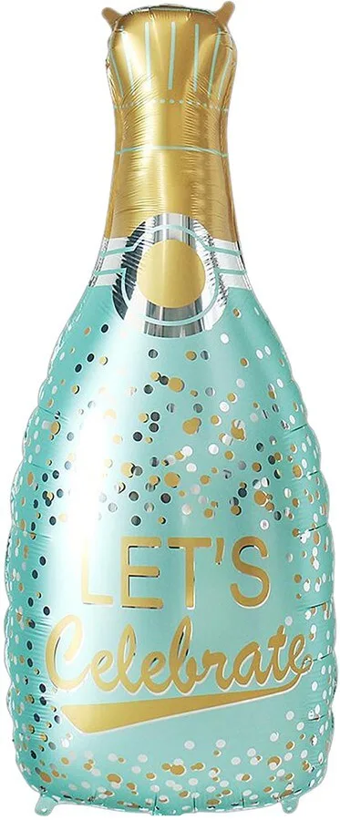 Шар в форме бутылки шампанского, праздничная надпись, конфетти.
