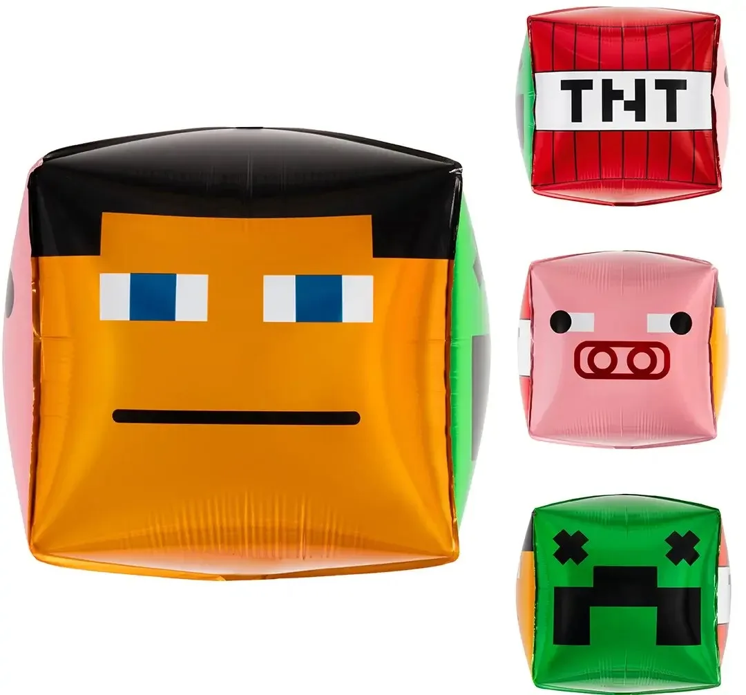 Фольгированный шар-куб Стив из Minecraft, пиксельная графика, оранжевый цвет.