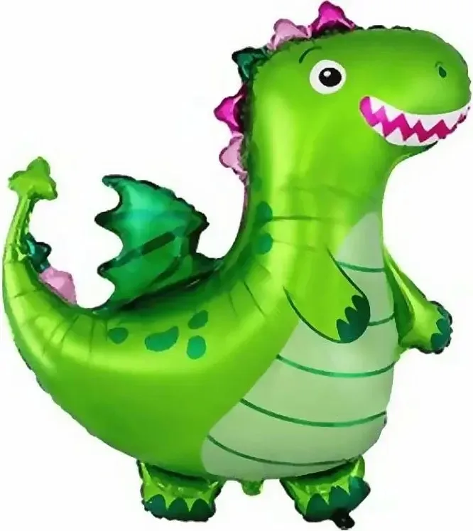 Фольгированный шар в виде зелёного динозавра с розовыми шипами.