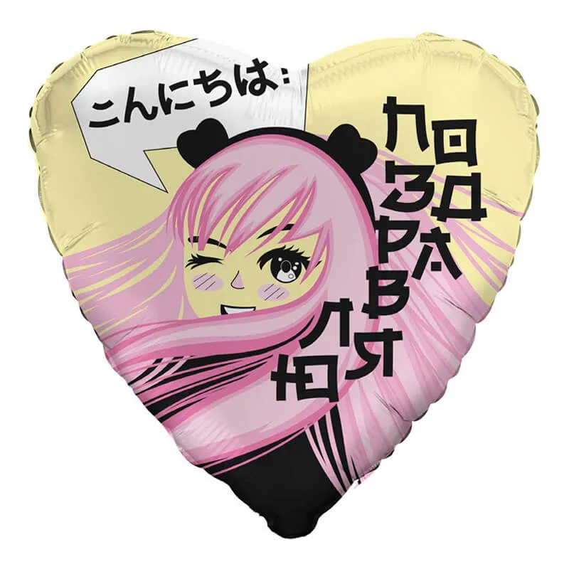 Фольгированный шар-сердце с аниме-девушкой, розовые волосы, японские иероглифы.