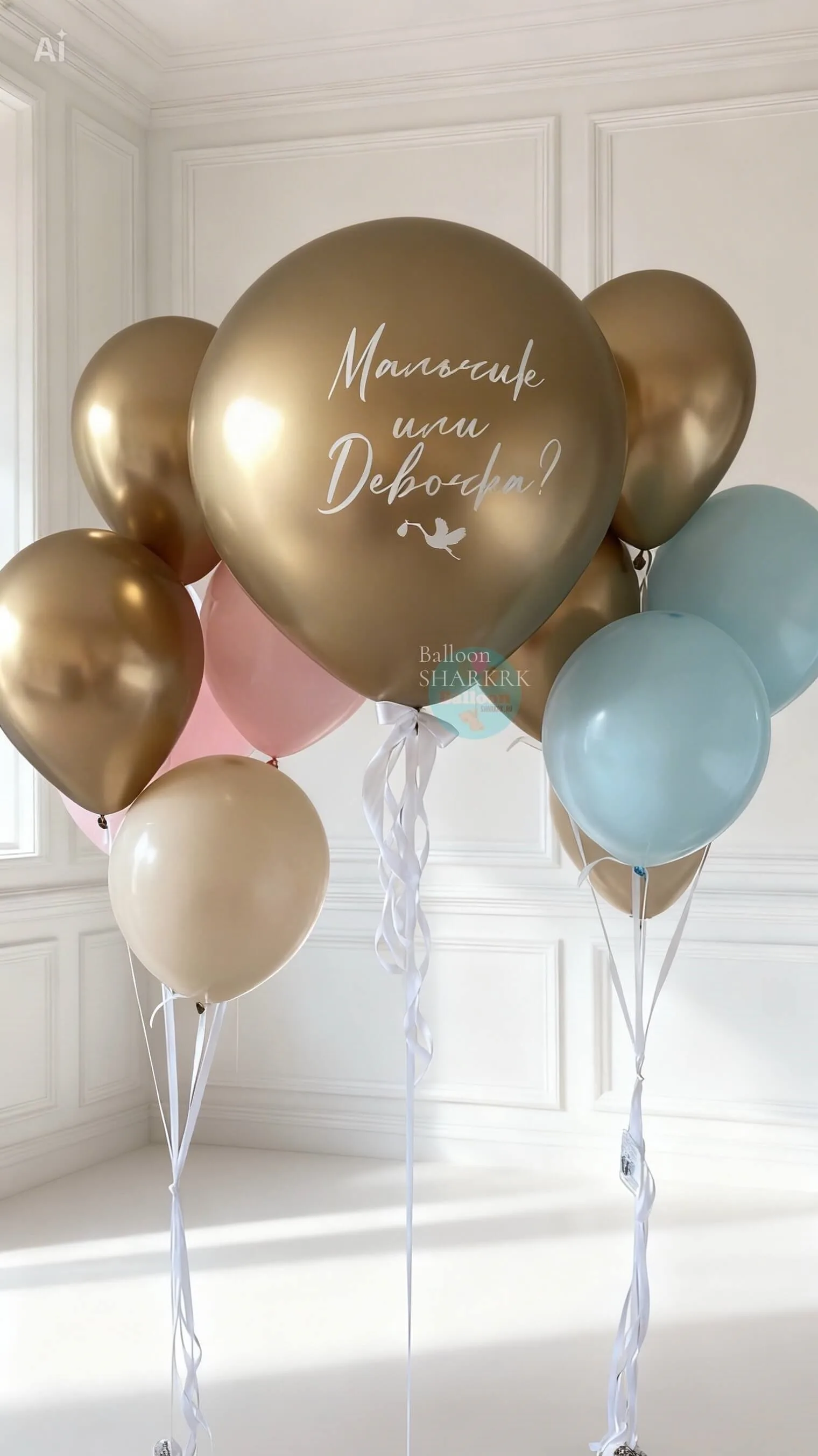 Букет шаров для гендер-пати: золотые, пастельные, с надписью «Мальчик или девочка?»