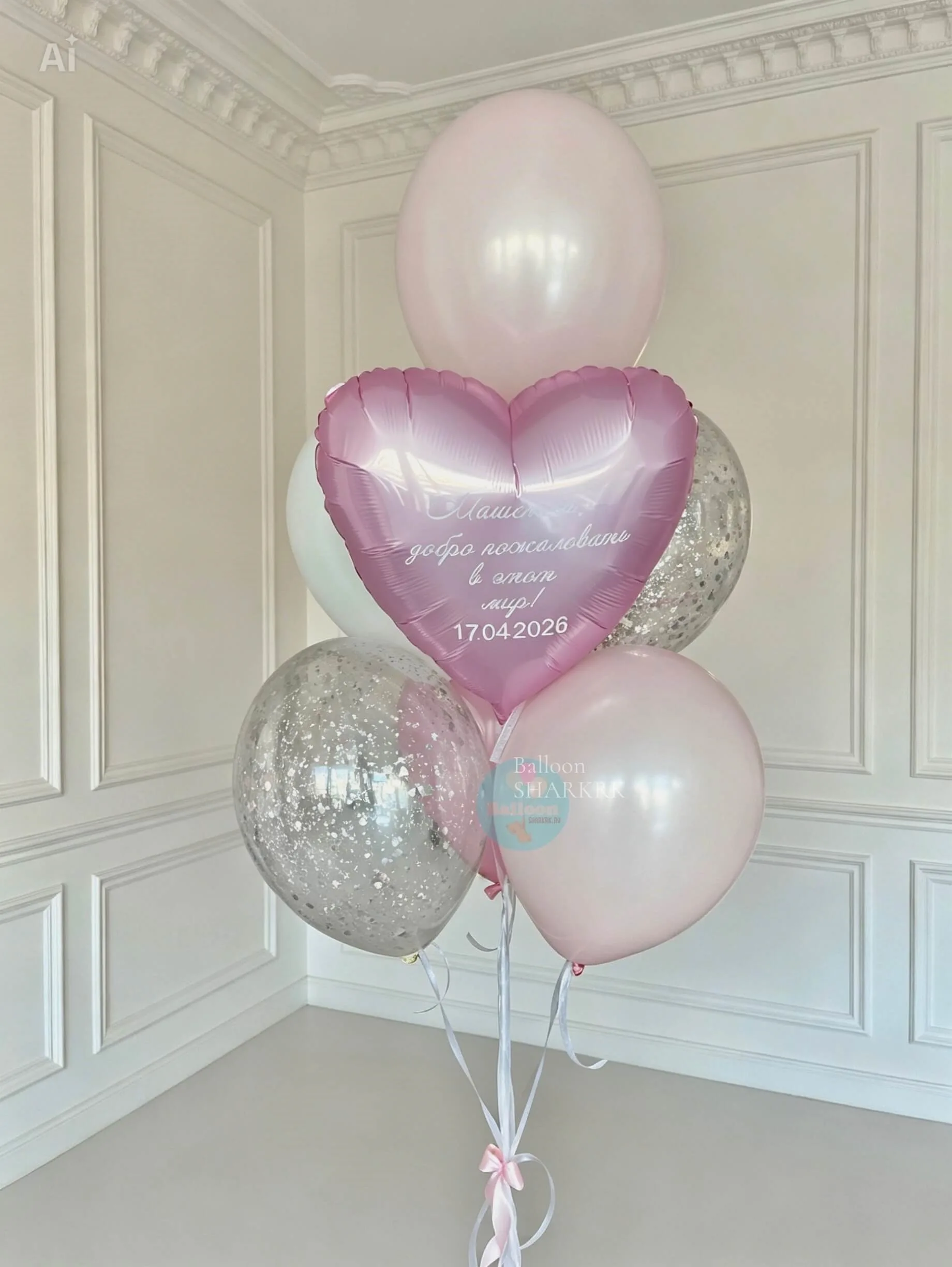 Розовые и серебристые шары, сердце с текстом «Добро пожаловать в этот мир».
