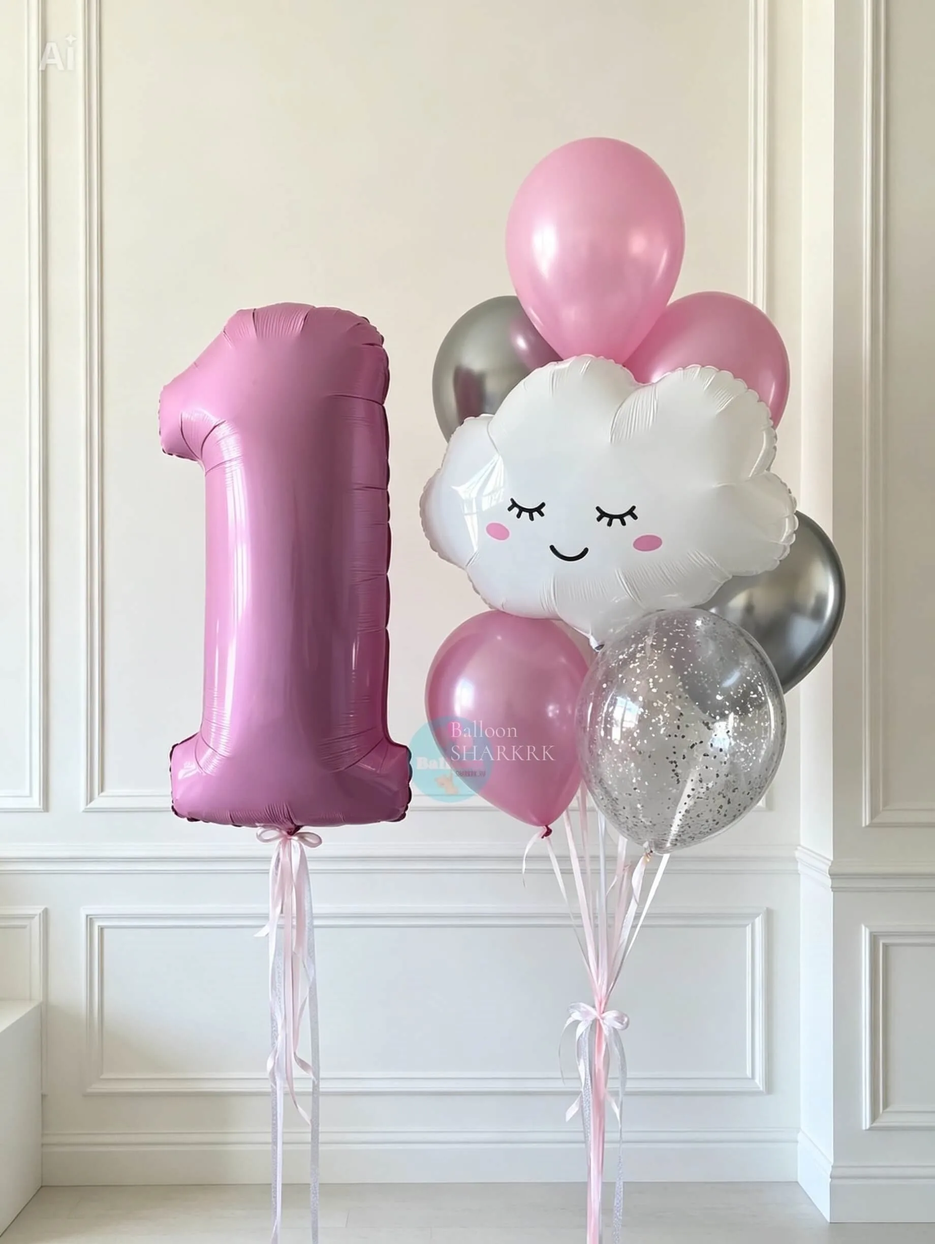 Шары на 1 год девочке: облачко с румянцем, цифра 1, серебристые шары.