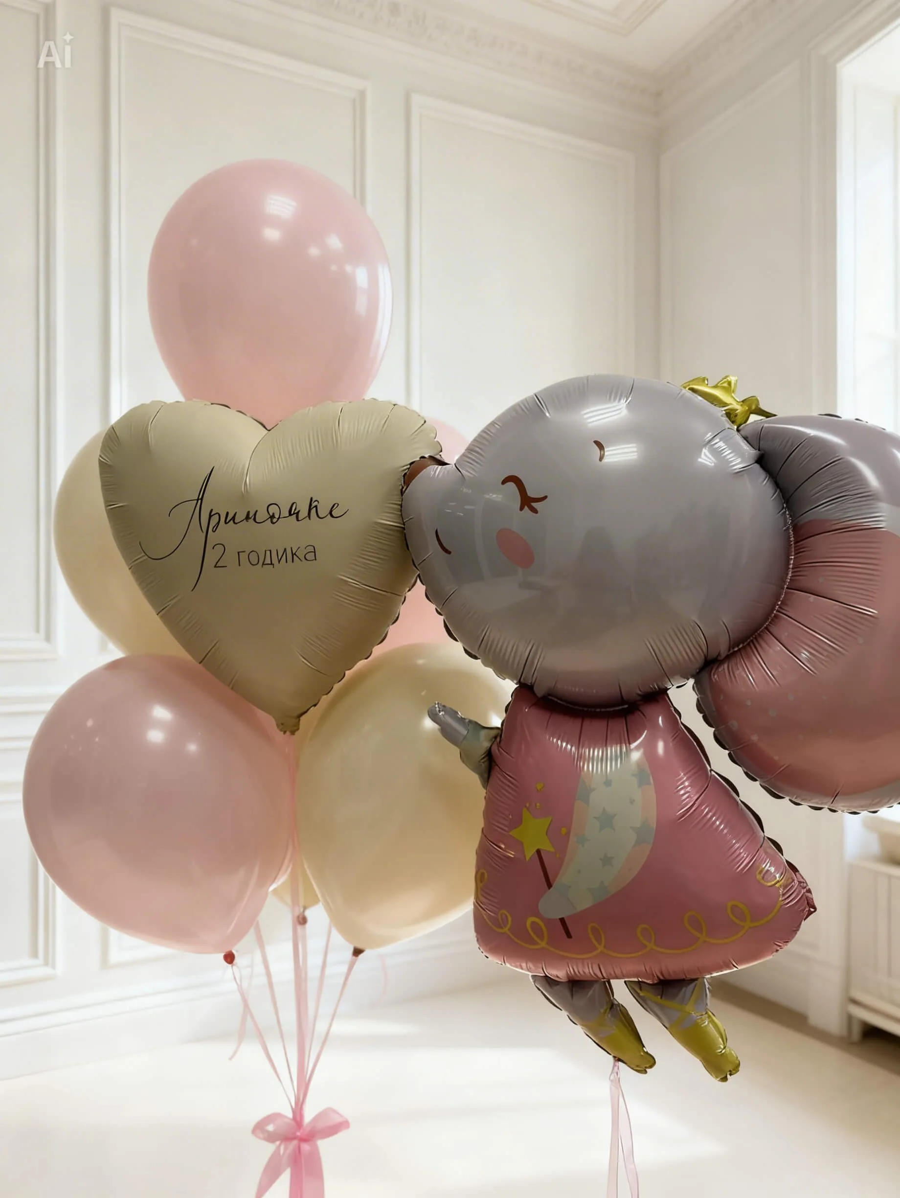 Шары для дня рождения: мышка-принцесса, сердечко с именем.