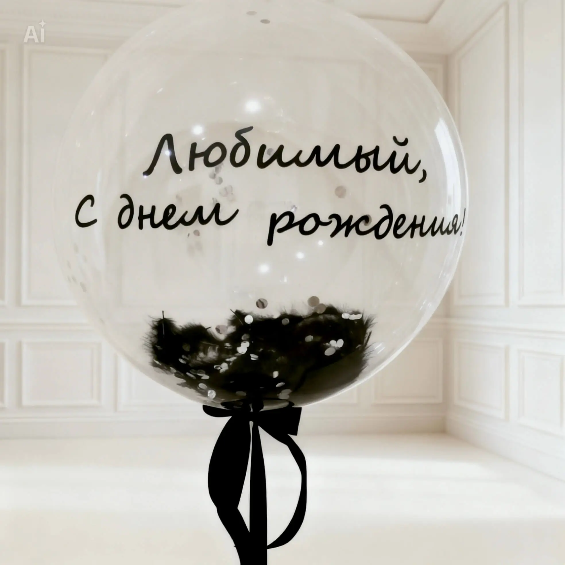 Воздушный шар - Баблс с надписью, перьями и конфетти