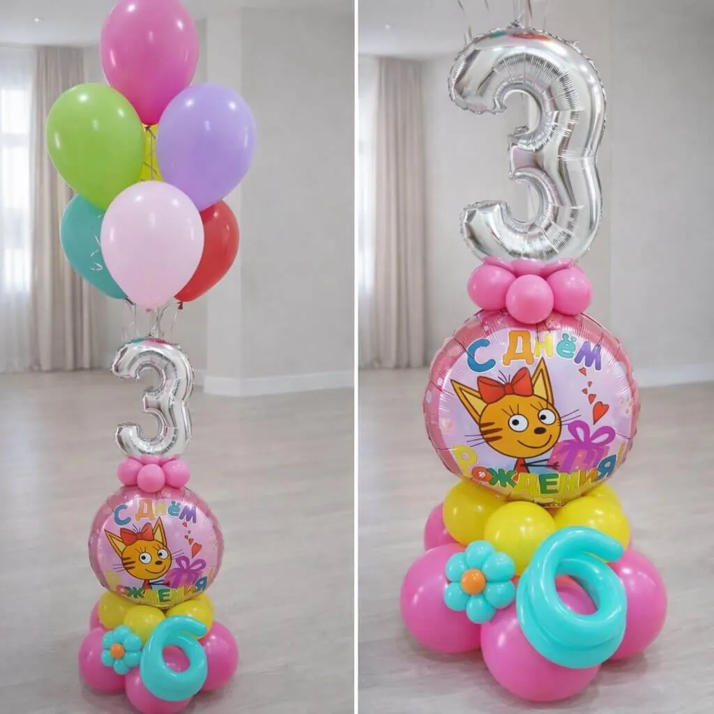 Воздушный шар - Композиция Три кота с цифрой и шариками